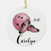 Gepersonaliseerde Roze Bowling Kerst  Keramisch Ornament (Voorkant)