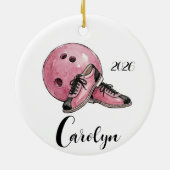 Gepersonaliseerde Roze Bowling Kerst  Keramisch Ornament (Achterkant)