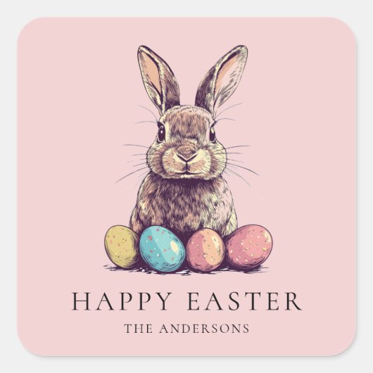 Gepersonaliseerde  Roze Bunny & Egg Easter Vierkante Sticker (Voorkant)