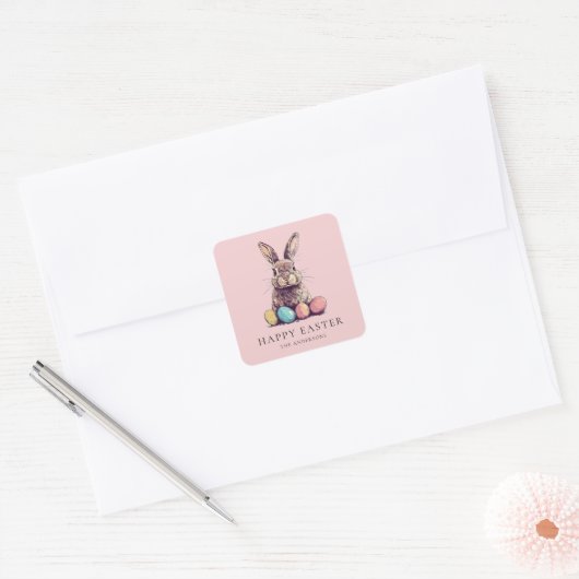 Gepersonaliseerde Roze Bunny & Egg Easter Vierkante Sticker (Envelop)
