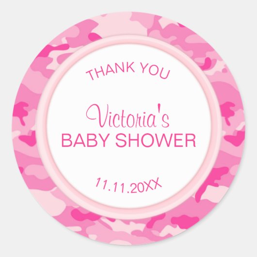 Gepersonaliseerde Roze Camo Meisje Baby shower Dan Ronde Sticker (Voorkant)