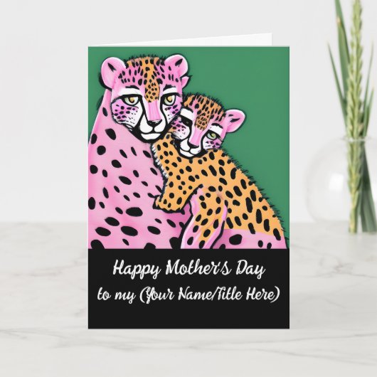 Gepersonaliseerde roze Cheetah mama + Cub Moederda Kaart (Voorkant)