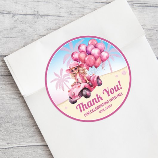 Gepersonaliseerde roze converteerbare strand verja ronde sticker