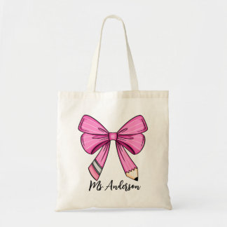 Gepersonaliseerde Roze Coquette Pencil Bow Canvas Tote Bag