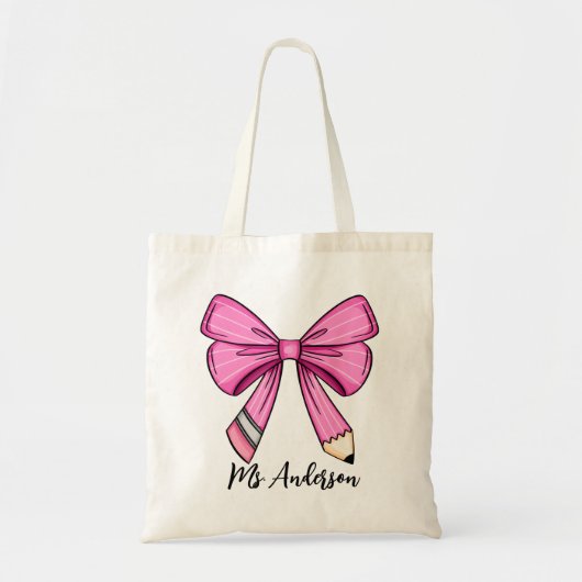 Gepersonaliseerde Roze Coquette Pencil Bow Canvas Tote Bag (Voorkant)