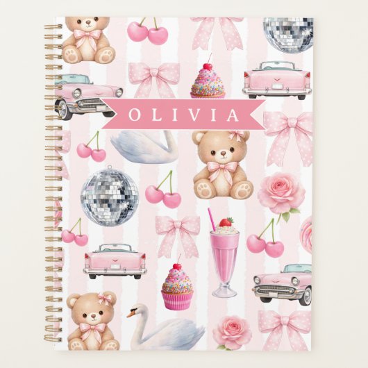 Gepersonaliseerde Roze Coquette Retro Knuffel Tedd Planner (Voorkant)