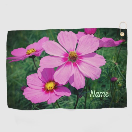 Gepersonaliseerde Roze Cosmos Bloemen Golfhanddoek (Horizontaal)