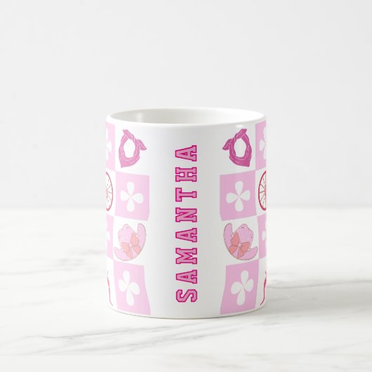 Gepersonaliseerde roze cowgirl geruit met bloem koffiemok (Center)