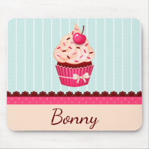 Gepersonaliseerde roze cupcake munt blauwe achterg muismat
