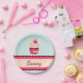 Gepersonaliseerde roze cupcake munt blauwe achterg papieren bordje (Feest)