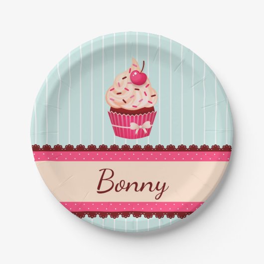 Gepersonaliseerde roze cupcake munt blauwe achterg papieren bordje (Voorkant)