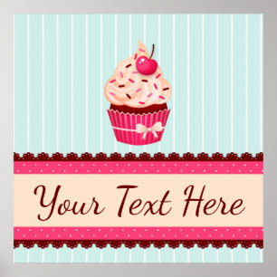 Gepersonaliseerde roze cupcake munt blauwe achterg poster