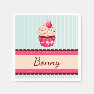 Gepersonaliseerde roze cupcake munt blauwe achterg servet