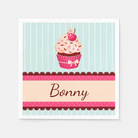 Gepersonaliseerde roze cupcake munt blauwe achterg servet (Voorkant)
