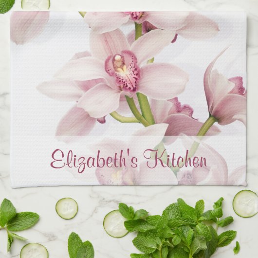 Gepersonaliseerde Roze Cymbidium Orchidee Keukendo Theedoek (Gevouwen)