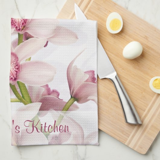 Gepersonaliseerde Roze Cymbidium Orchidee Keukendo Theedoek (Quarter Fold)