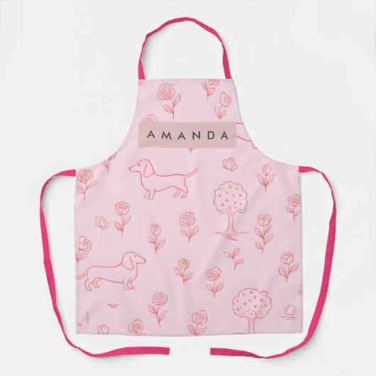 Gepersonaliseerde Roze Dachshund en Bloem Schort (Voorkant)