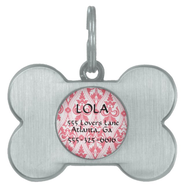 Gepersonaliseerde roze Damask Bone Dog Label Huisdieren Naamplaatje (voorkant)