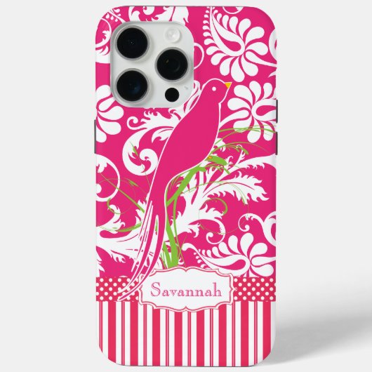Gepersonaliseerde roze Damask Love Bird Case-Mate iPhone Case (Achterkant)
