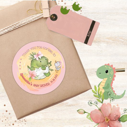 Gepersonaliseerde roze Dino & Duckling Baby shower Ronde Sticker