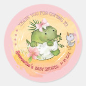 Gepersonaliseerde roze Dino & Duckling Baby shower Ronde Sticker (Voorkant)