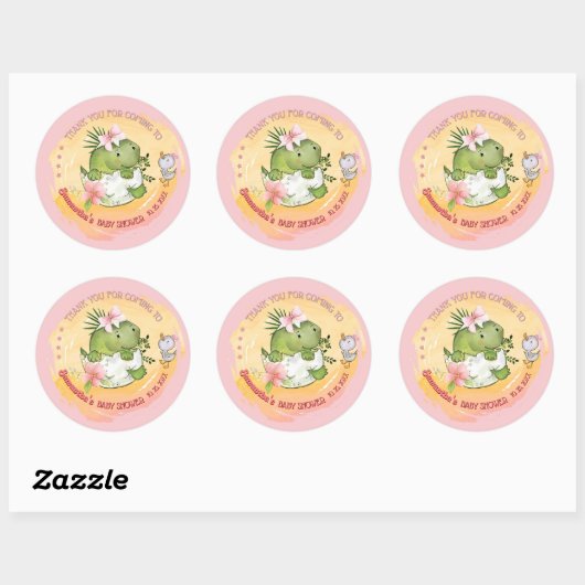 Gepersonaliseerde roze Dino & Duckling Baby shower Ronde Sticker (Vel)