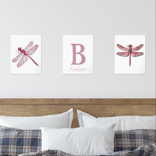 Gepersonaliseerde roze Dragonfly Nursery Print Set (Slaapkamer)