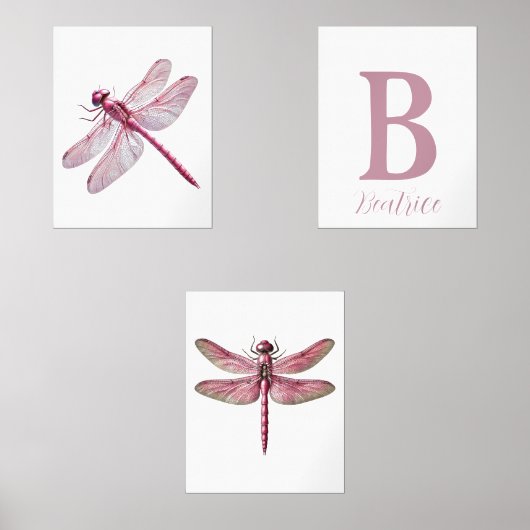 Gepersonaliseerde roze Dragonfly Nursery Print Set (Voorkant)