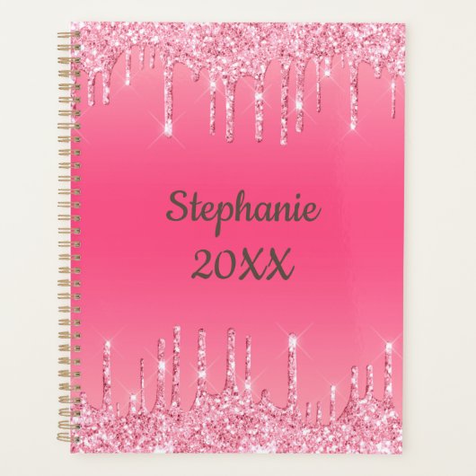 Gepersonaliseerde Roze Drip Glitter Trendy Glam Planner (Voorkant)