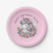 Gepersonaliseerde Roze Eenhoorn Meisje Verjaardag Papieren Bordje (Voorkant)