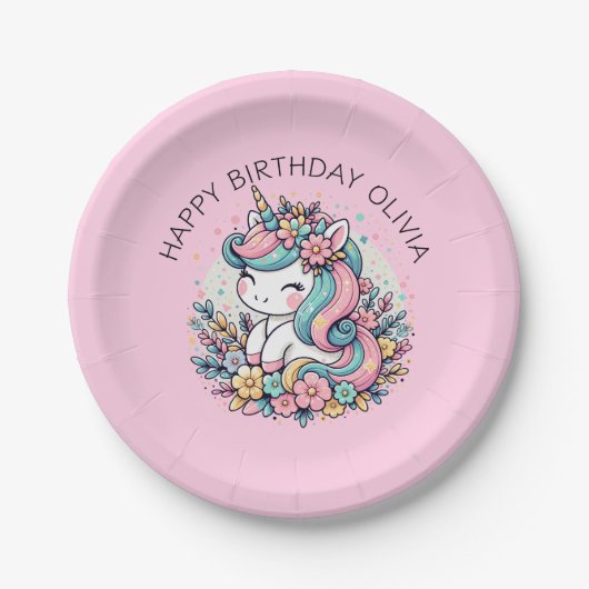 Gepersonaliseerde Roze Eenhoorn Meisje Verjaardag Papieren Bordje (Voorkant)