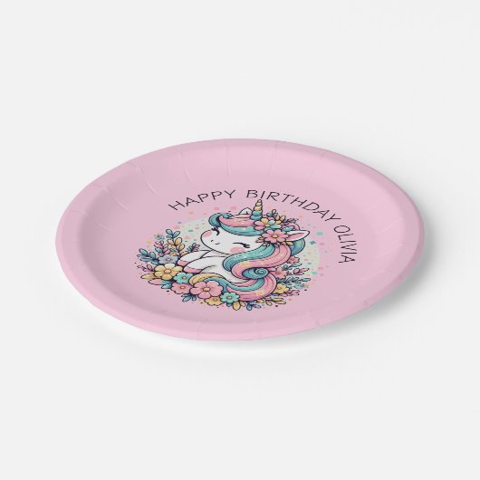 Gepersonaliseerde Roze Eenhoorn Meisje Verjaardag Papieren Bordje (Gekanteld)
