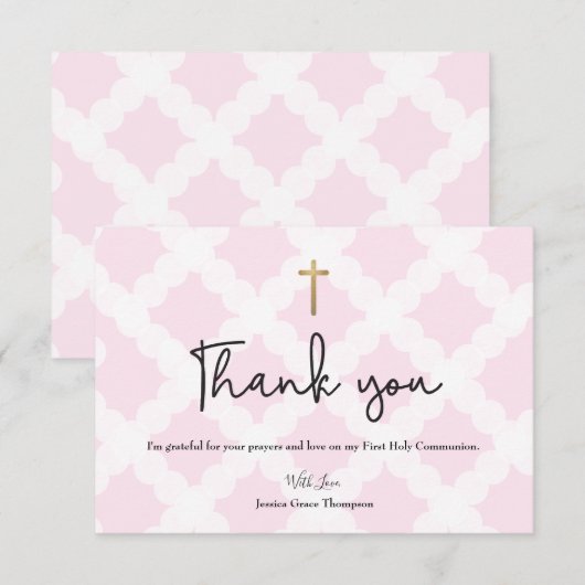 Gepersonaliseerde Roze Eerste Heilige Communie Dan Bedankkaart (Voorkant / Achterkant)