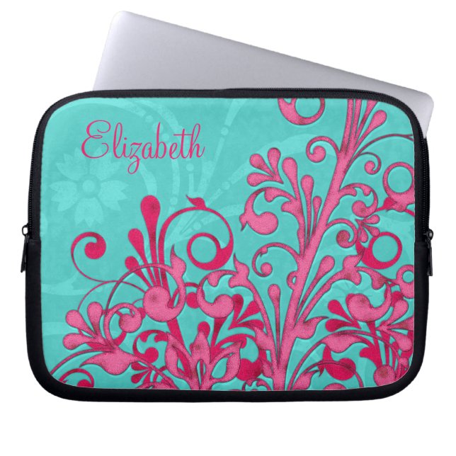 Gepersonaliseerde roze en Aqua Floral Laptop Mouw Sleeve (Voorkant)