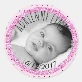 Gepersonaliseerde roze en B|lack Baby Photo Sticke Ronde Sticker