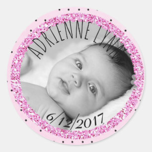 Gepersonaliseerde roze en B lack Baby Photo Sticke Ronde Sticker