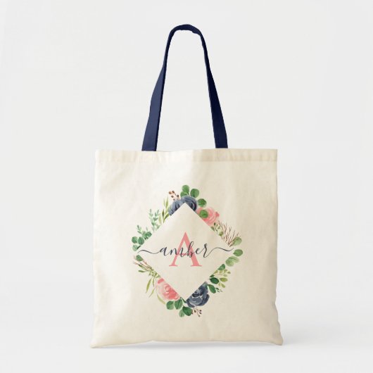 Gepersonaliseerde roze en blauwe bloemenframe tote bag (Voorkant)