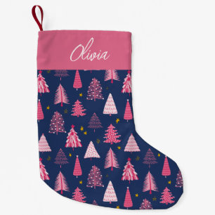 Gepersonaliseerde roze en blauwe kerstboompatroon kleine kerstsok