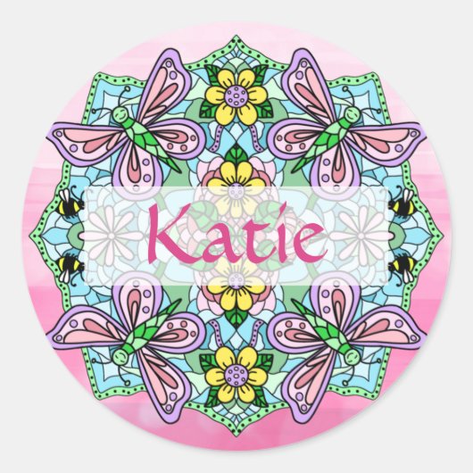 Gepersonaliseerde roze en blauwe vlinder Mandala Ronde Sticker (Voorkant)