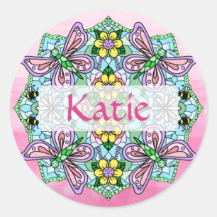 Gepersonaliseerde roze en blauwe vlinder Mandala Ronde Sticker