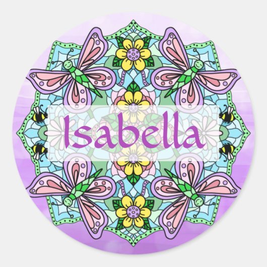 Gepersonaliseerde roze en blauwe vlinder Mandala Ronde Sticker (Voorkant)