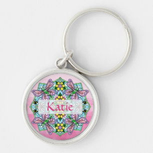 Gepersonaliseerde roze en blauwe vlinder Mandala Sleutelhanger