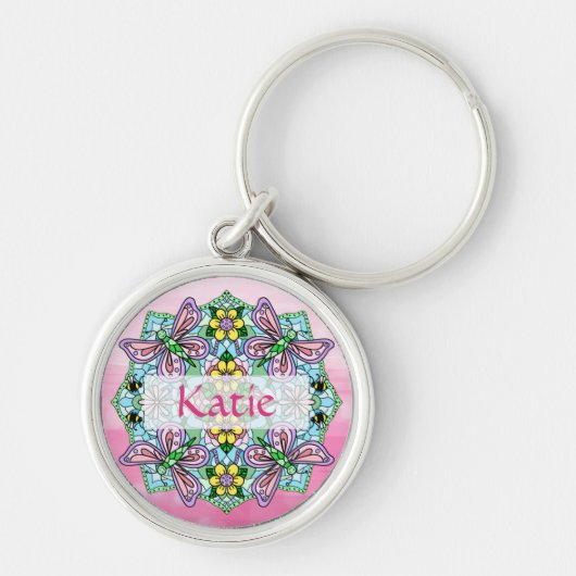 Gepersonaliseerde roze en blauwe vlinder Mandala Sleutelhanger (Voorkant)
