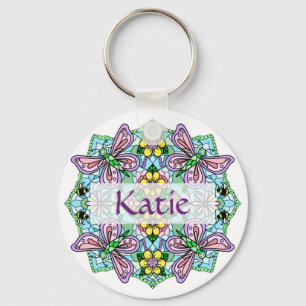 Gepersonaliseerde roze en blauwe vlinder Mandala Sleutelhanger