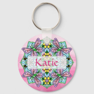 Gepersonaliseerde roze en blauwe vlinder Mandala Sleutelhanger