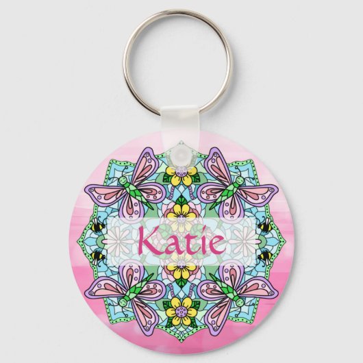 Gepersonaliseerde roze en blauwe vlinder Mandala Sleutelhanger (Voorkant)
