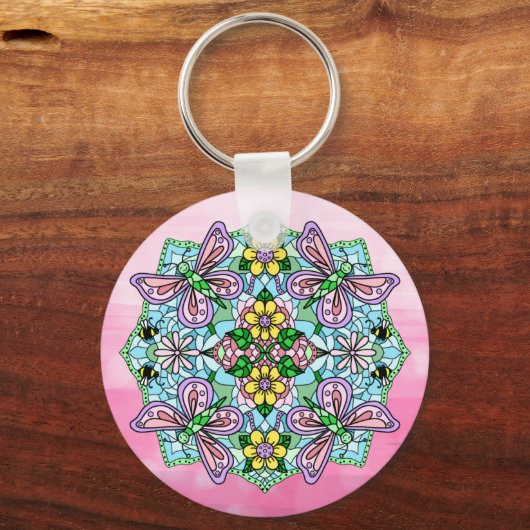 Gepersonaliseerde roze en blauwe vlinder Mandala Sleutelhanger (Achterkant)