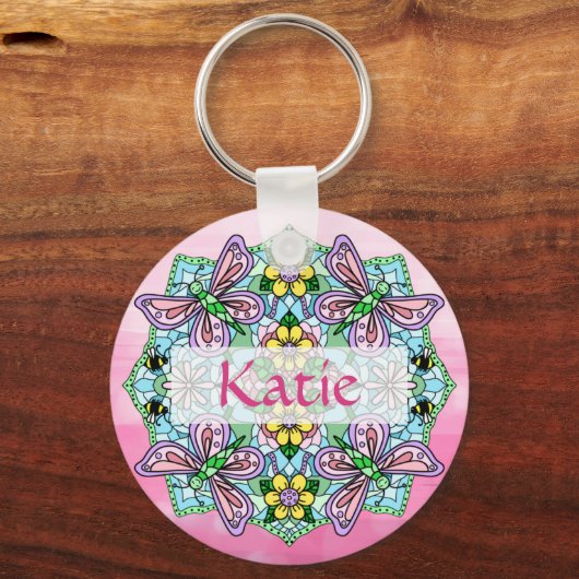 Gepersonaliseerde roze en blauwe vlinder Mandala Sleutelhanger (Voorkant)