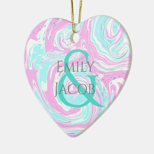 Gepersonaliseerde roze en Blauwgroen kerst met har Keramisch Ornament (Links)