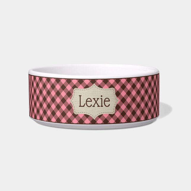 Gepersonaliseerde Roze en Bruin Plaid Pet Voerbakje (Voorkant)